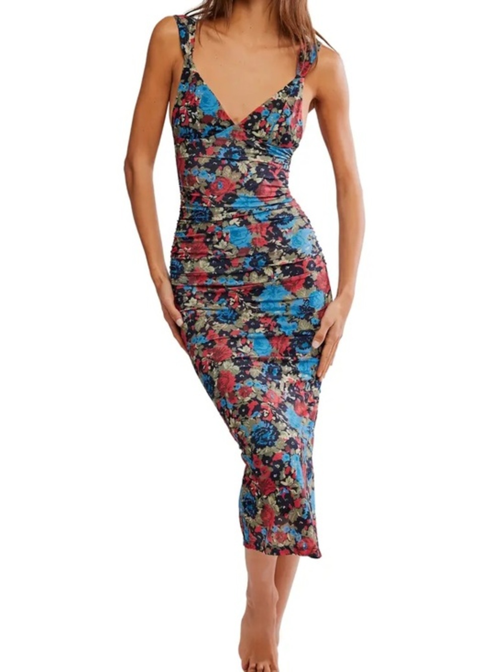 Intimately Long Live Midi Medium Slip Dress V neck Bodycon Mesh Floral